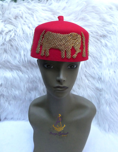 Red Elephant Beaded Traditional Cap, Gold Embellished Nigerian Ceremonial Hat | African Traditional Chief Hat