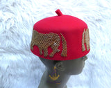 Red Elephant Beaded Traditional Cap, Gold Embellished Nigerian Ceremonial Hat | African Traditional Chief Hat
