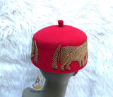 Red Elephant Beaded Traditional Cap, Gold Embellished Nigerian Ceremonial Hat | African Traditional Chief Hat