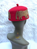 Red Elephant Beaded Traditional Cap, Gold Embellished Nigerian Ceremonial Hat | African Traditional Chief Hat