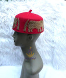 Red Elephant Beaded Traditional Cap, Gold Embellished Nigerian Ceremonial Hat | African Traditional Chief Hat