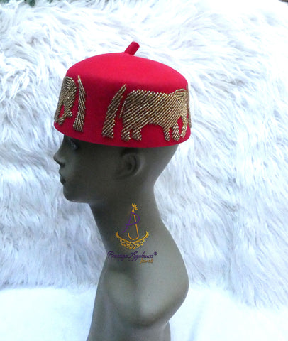 Red Elephant Beaded Traditional Cap, Gold Embellished Nigerian Ceremonial Hat | African Traditional Chief Hat