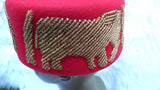 Red Elephant Beaded Traditional Cap, Gold Embellished Nigerian Ceremonial Hat | African Traditional Chief Hat