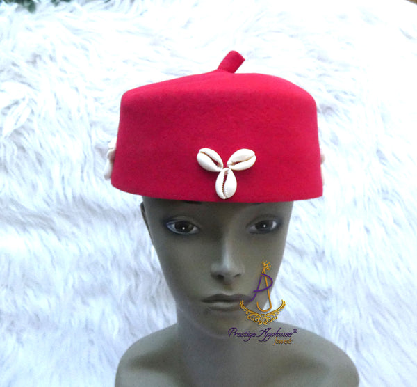 Red Cowrie Shell Igbo Cap, Nigerian Traditional Ceremonial Hat | Men's Wear | African Traditional Chief Hat