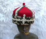Odogwu Igbo Red Chief Cap Animal Print Trim Beaded Cowrie Ceremonial Hat | Nigerian Traditional Wear