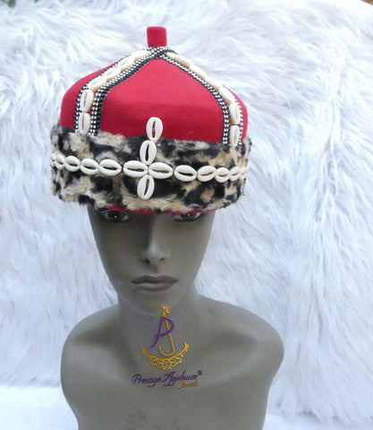 Odogwu Igbo Red Chief Cap Animal Print Trim Beaded Cowrie Ceremonial Hat | Nigerian Traditional Wear