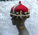 Odogwu Igbo Red Chief Cap Animal Print Trim Beaded Cowrie Ceremonial Hat | Nigerian Traditional Wear