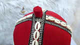 Odogwu Igbo Red Chief Cap Animal Print Trim Beaded Cowrie Ceremonial Hat | Nigerian Traditional Wear