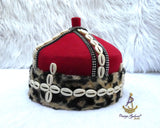 Odogwu Igbo Red Chief Cap Animal Print Trim Beaded Cowrie Ceremonial Hat | Nigerian Traditional Wear