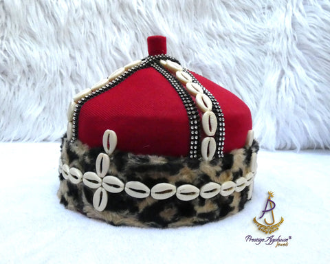 Odogwu Igbo Red Chief Cap Animal Print Trim Beaded Cowrie Ceremonial Hat | Nigerian Traditional Wear