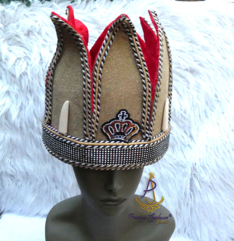 Tall Royal Crown Hat Red Brown Ceremonial Headpiece | Men's Regalia | Cultural Delta Igbo Edo Groom Traditional Wedding Costume Cap