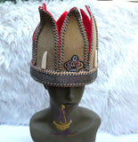 Tall Royal Crown Hat Red Brown Ceremonial Headpiece | Men's Regalia | Cultural Delta Igbo Edo Groom Traditional Wedding Costume Cap
