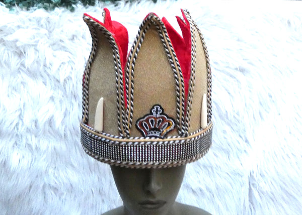 Tall Royal Crown Hat Red Brown Ceremonial Headpiece | Men's Regalia | Cultural Delta Igbo Edo Groom Traditional Wedding Costume Cap