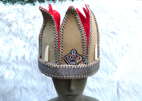 Tall Royal Crown Hat Red Brown Ceremonial Headpiece | Men's Regalia | Cultural Delta Igbo Edo Groom Traditional Wedding Costume Cap