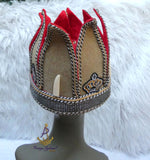 Tall Royal Crown Hat Red Brown Ceremonial Headpiece | Men's Regalia | Cultural Delta Igbo Edo Groom Traditional Wedding Costume Cap