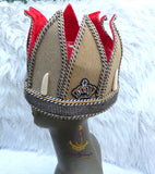 Tall Royal Crown Hat Red Brown Ceremonial Headpiece | Men's Regalia | Cultural Delta Igbo Edo Groom Traditional Wedding Costume Cap