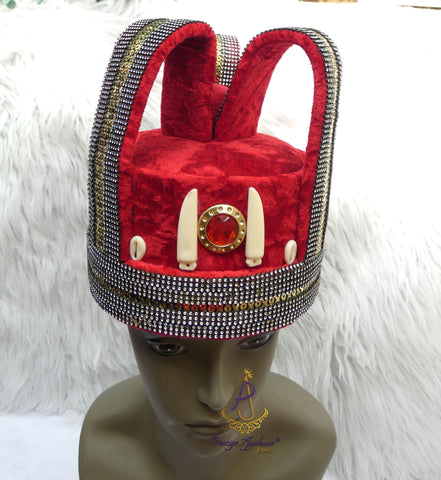 Extra Tall Royal Crown King Hat Red Ceremonial Headpiece | Men's Regalia | Cultural Delta Igbo Edo Groom Traditional Wedding Costume Cap
