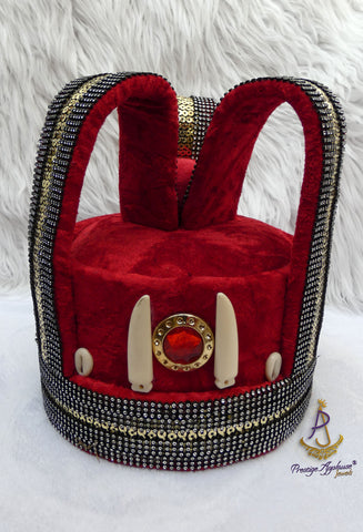 Extra Tall Royal Crown King Hat Red Ceremonial Headpiece | Men's Regalia | Cultural Delta Igbo Edo Groom Traditional Wedding Costume Cap