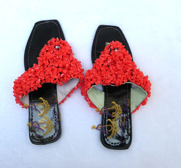Clearance Coral Bead Slide Sandals | African Traditional Wedding Slippers | Igbo Edo Yoruba Bridal Shoes | Handmade Coral Beaded Slides for Women