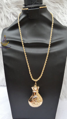 18K Gold Plated Money Bag Pendant Necklace, Dollar Sign Rope Chain Great as Gift