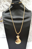 18K Gold Plated Money Bag Pendant Necklace, Dollar Sign Rope Chain Great as Gift