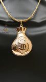 18K Gold Plated Money Bag Pendant Necklace, Dollar Sign Rope Chain Great as Gift