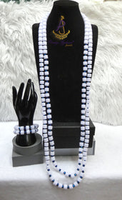 Long 1/2 Layers White Bead with Deep Blue Faceted Crystal Necklace & Bracelet Set African Beads Wedding Necklace Jewellery Set