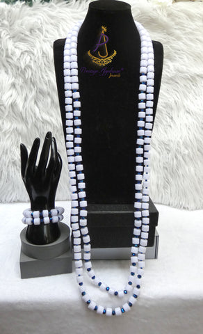 Long 1/2 Layers White Bead with Deep Blue Faceted Crystal Necklace & Bracelet Set African Beads Wedding Necklace Jewellery Set