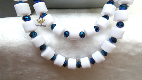 Long 1/2 Layers White Bead with Deep Blue Faceted Crystal Necklace & Bracelet Set African Beads Wedding Necklace Jewellery Set