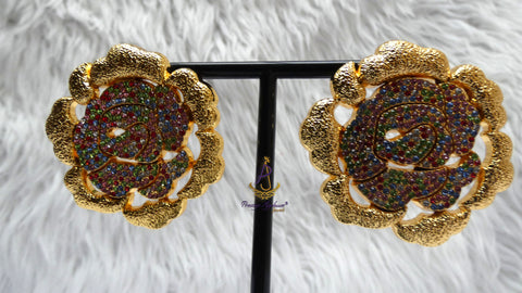 18K Gold Plated Bold Floral Multi colour Statement Earrings, Rose Earrings, Oversized Wedding Jewellery