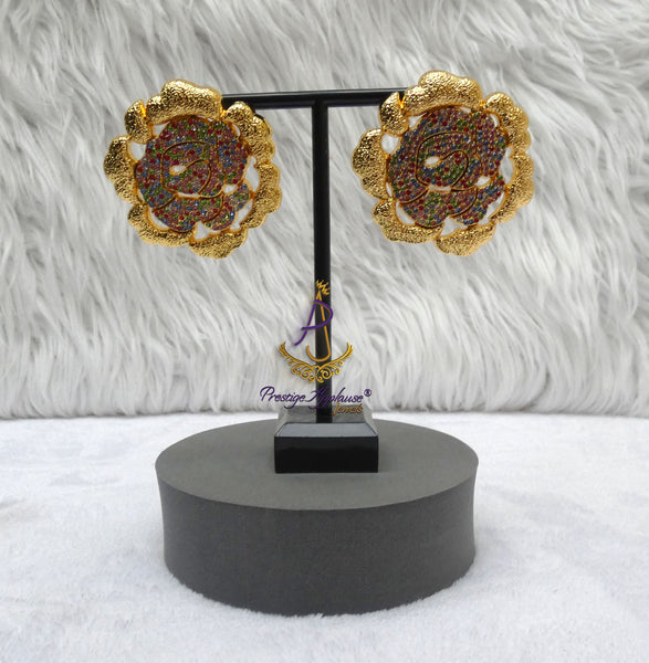 18K Gold Plated Bold Floral Multi colour Statement Earrings, Rose Earrings, Oversized Wedding Jewellery