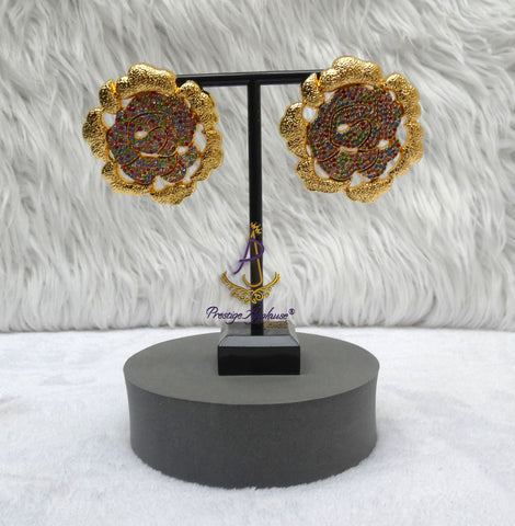 18K Gold Plated Bold Floral Multi colour Statement Earrings, Rose Earrings, Oversized Wedding Jewellery