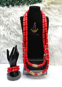 Red Coral African Nigerian Traditional Beads Necklace Bracelet Jewellery Wedding Set