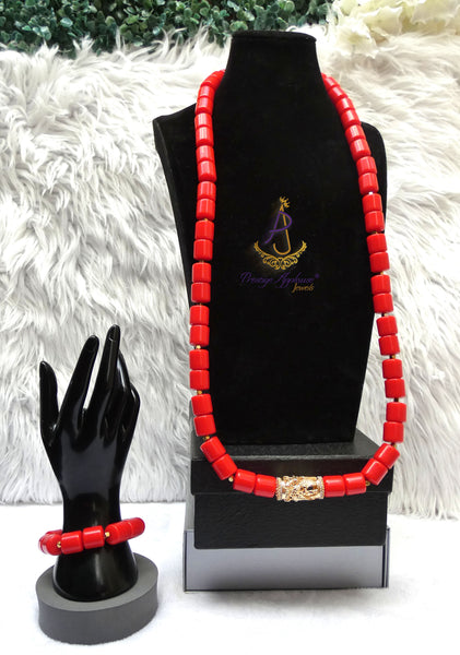 Red Brazilian Coral African Nigerian Traditional Beads Necklace Bracelet Jewellery Wedding Set