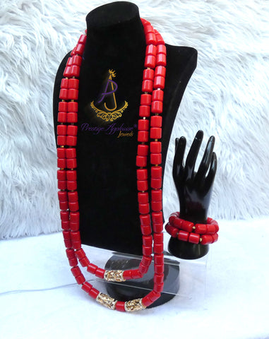 Red Coral African Nigerian Traditional Beads Necklace Bracelet Jewellery Wedding Set