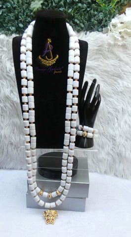 White Brazilian Coral Men Lion Head African Groom Bead necklace bracelet set gold-plated jewellery - weddings, traditional ceremonies