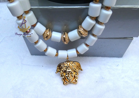 White Brazilian Coral Men Lion Head African Groom Bead necklace bracelet set gold-plated jewellery - weddings, traditional ceremonies