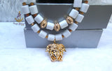 White Brazilian Coral Men Lion Head African Groom Bead necklace bracelet set gold-plated jewellery - weddings, traditional ceremonies