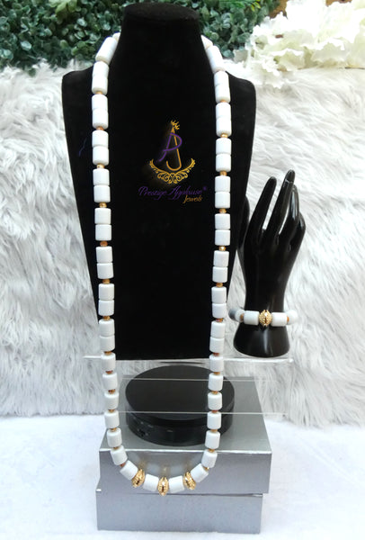White Brazilian Coral Men Lion Head African Groom Bead necklace bracelet set gold-plated jewellery - weddings, traditional ceremonies