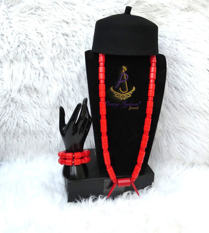 PrestigeApplause African Bead Necklace Set with Black Traditional Cap | Igbo Wedding Jewellery | Luxury Cultural Bridal Set