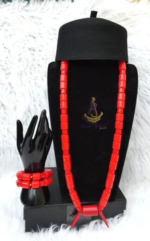 PrestigeApplause African Bead Necklace Set with Red Traditional Cap | Igbo Wedding Jewelry | Luxury Cultural Bridal Set