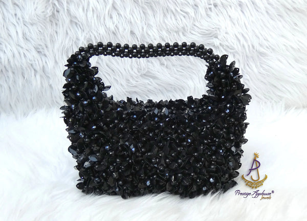 PrestigeApplause Black Beaded Handbag | Crystal Evening Clutch | Statement Purse | Wedding & Party Bag
