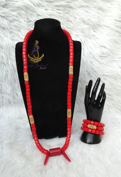 PrestigeApplause Igbo Edo Elephant-Tusk Red Coral Groom men African Necklace Bracelet Beads Jewellery Set - Male Traditional Nigerian PrestigeApplause Jewels