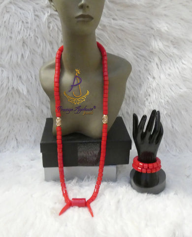 PrestigeApplause Igbo Faux Elephant-Tusk Red Coral Groom men African Necklace Bracelet Beads Jewellery Set - Male Traditional Nigerian
