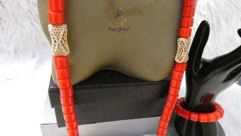 PrestigeApplause Igbo Faux Elephant-Tusk Red Coral Groom men African Necklace Bracelet Beads Jewellery Set - Male Traditional Nigerian
