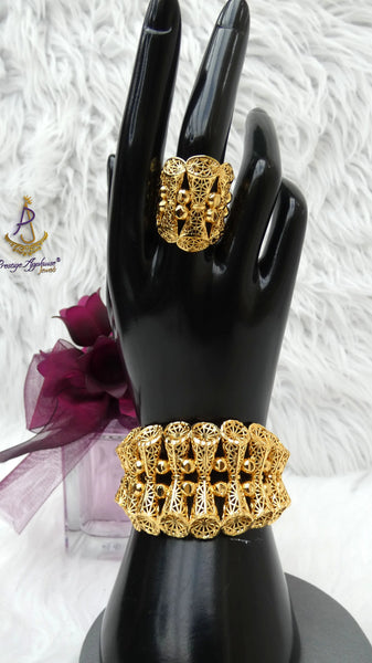 PrestigeApplause Luxury Gold Plated Statement Bracelet & Ring Set | Bold Chunky Cuff Italian Gold Replica Jewellery