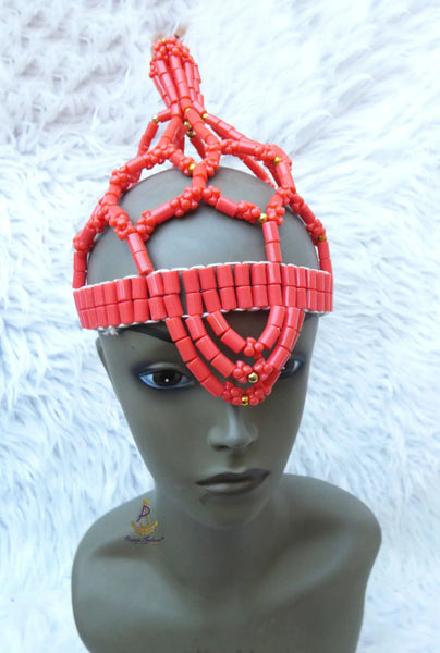 PrestigeApplause Nigerian Orange White Edo Coral Crown wedding Bridal Party Beaded Edo Igbo Hat (Copy) PrestigeApplause Jewels