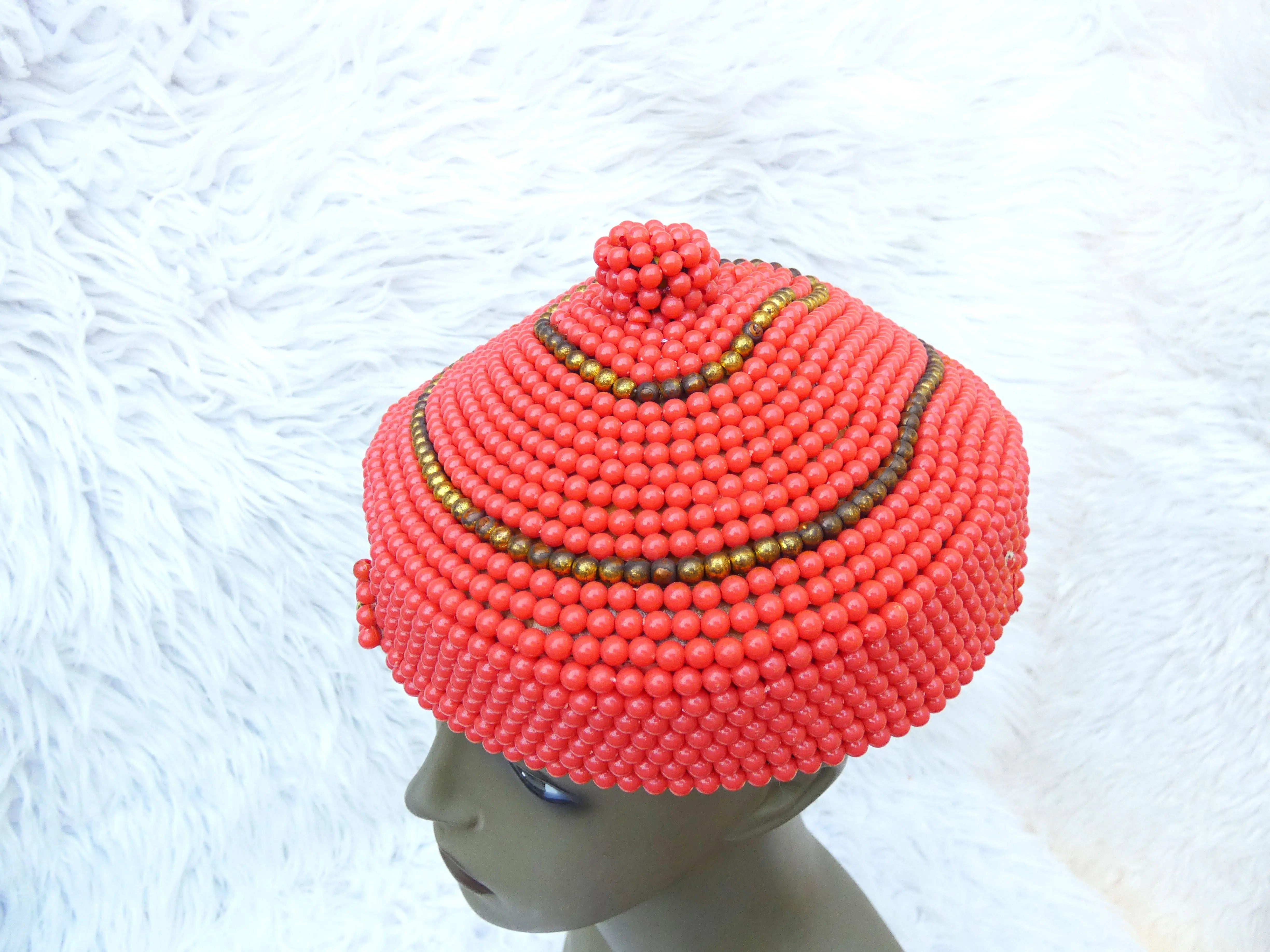 Clearance African handmade Coral beaded cap for Nigerian traditional ...