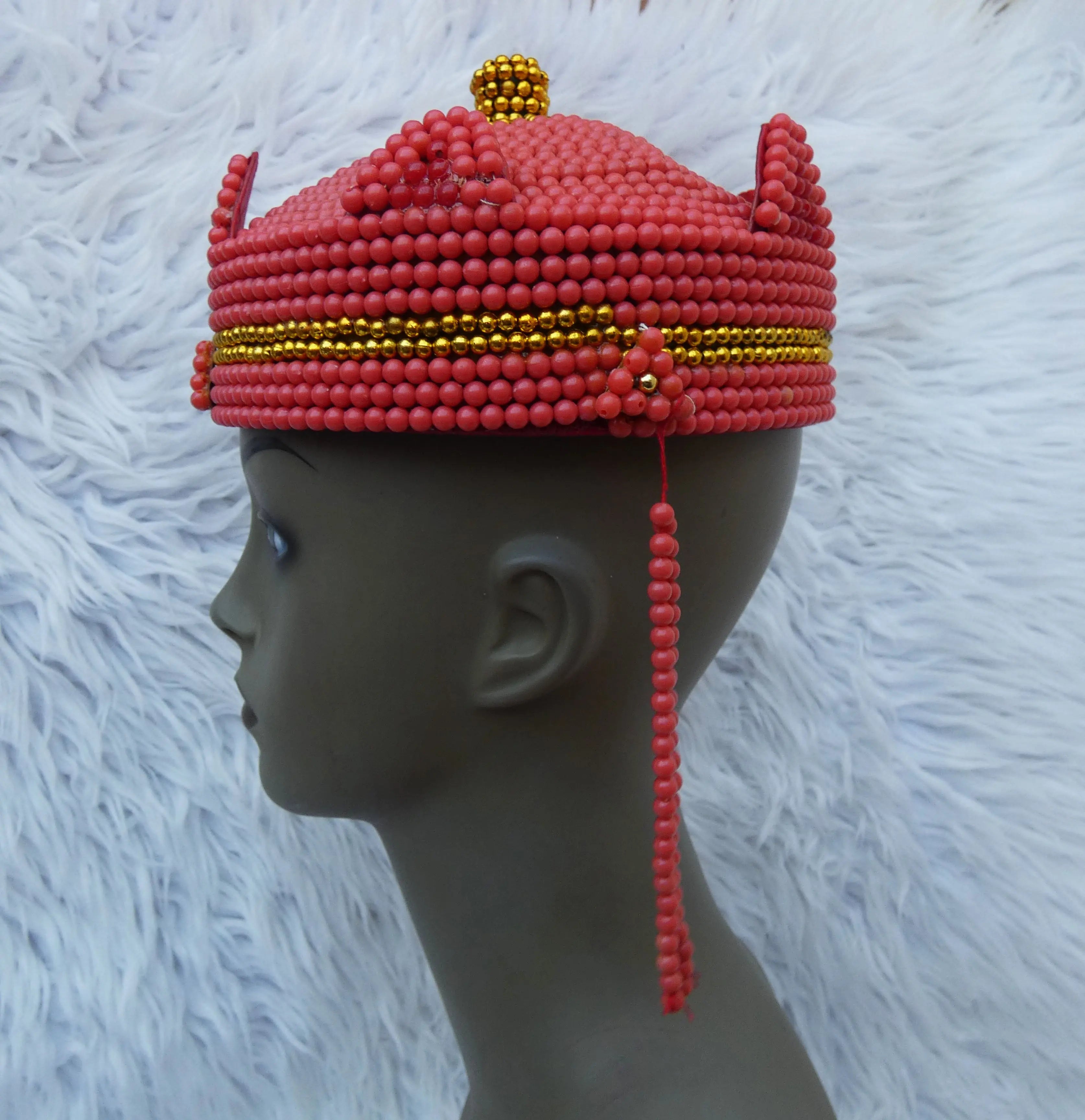 PrestigeApplause African Hand Made Coral Orange Gold Beaded Cap ...