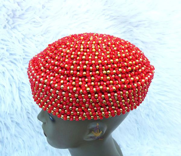 Queen Red Orange Edo Coral Crown wedding Bridal Party Beaded Women Traditional Edo Igbo Hat PrestigeApplause Jewels